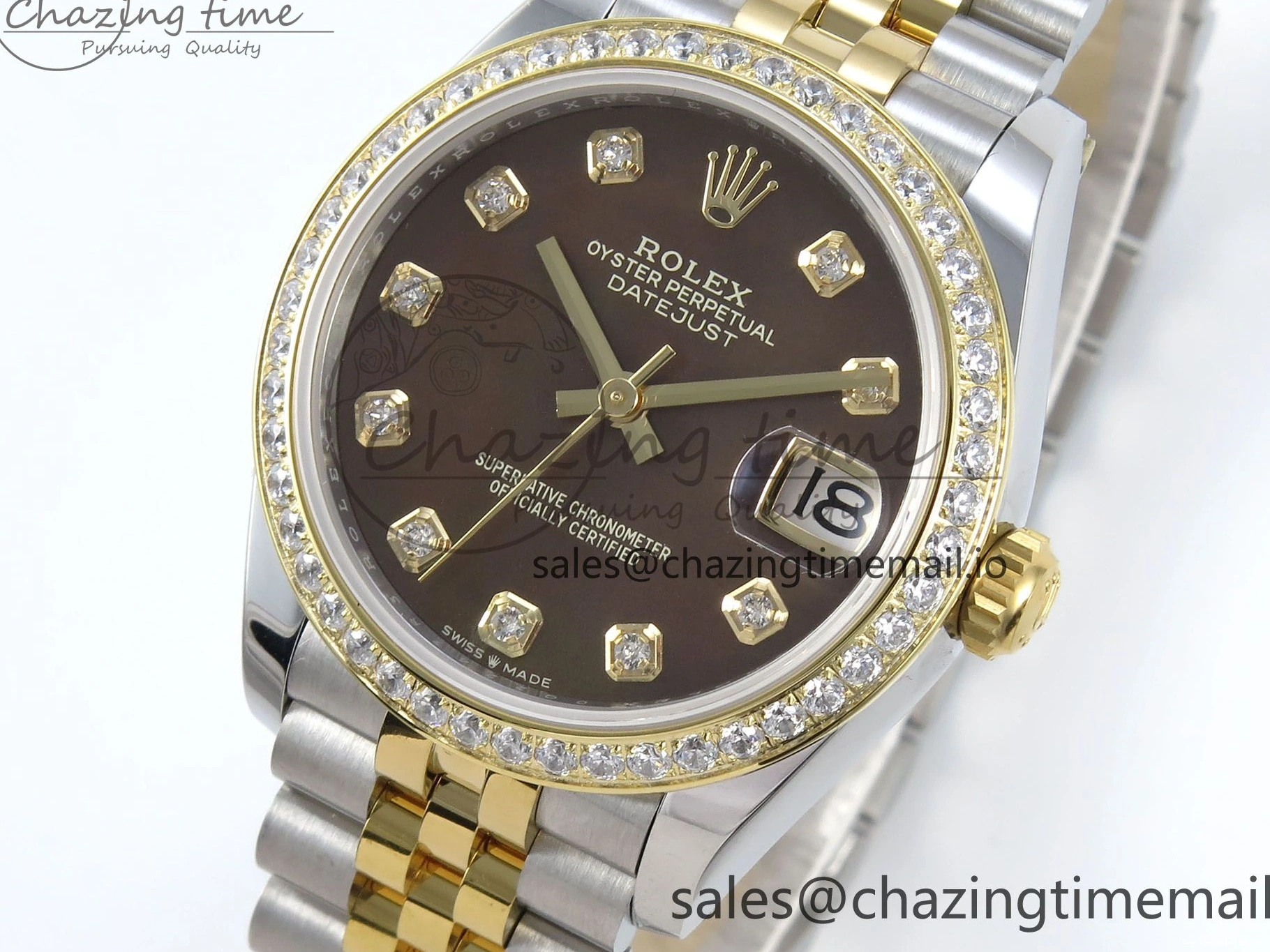 Good Copy Rolex Watches Bezel on Dial ARF Bracelet Best Snug 409 Edition Diamonds DateJust Jubilee ETA YG 1:1 Brown 904L SS Diamonds 31 278383RBR Steel 1222